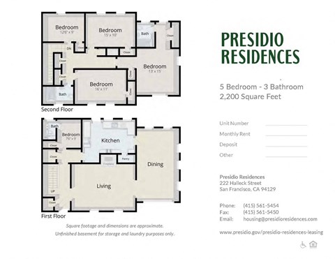 Floor plan for 5 beds, 3 baths, 2200 sqft
